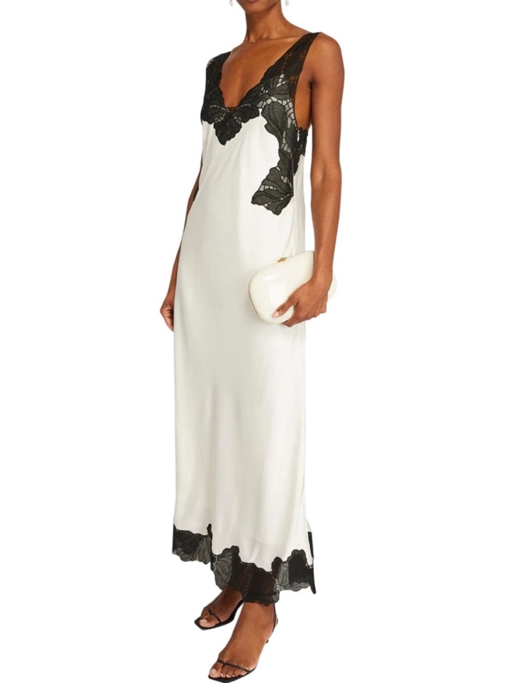 Simkhai Womens Gwynn Lace Trim Satin Midi Dress 8 Ivory/Black - $795